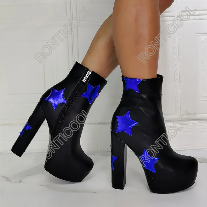 Ronticool Women Platform Winter Ankle Boots Stars Decoration Square High Heel Round Toe Gorgeous 9 Colors Party Shoes Size 46 47
