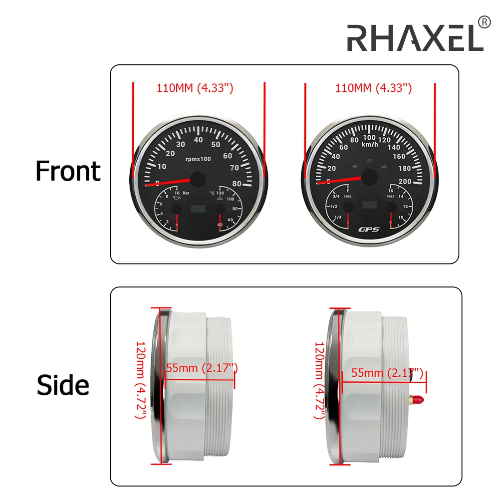 RHAXEL 110mm Car GPS Speedometer 120 200 KM/H Tachometer 8000RPM Fuel Level Water Temp.  Oil Press 10Bar Gauge Volt 12V 24V