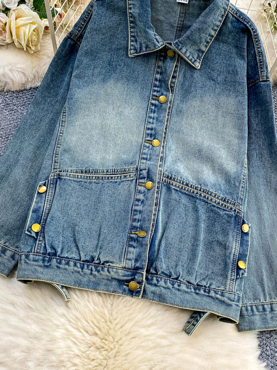 Retro hong kong sle destred azul denim jaet feminino solto emagrecimento topo com boules de metal outono faion outerwear