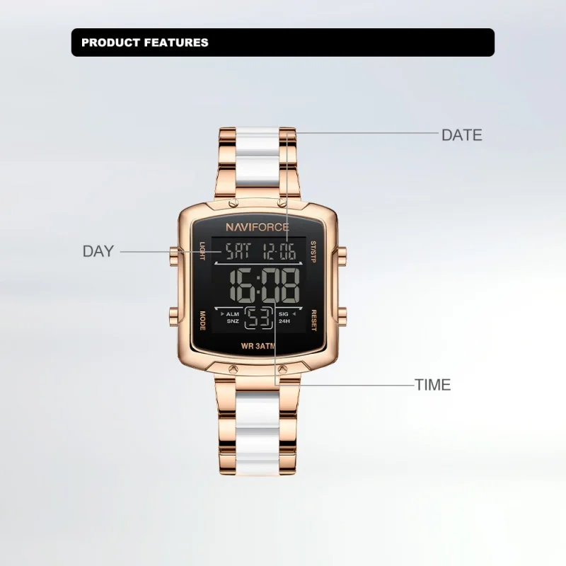 NAVIFORCE NF5057 Women's LCD Lighting Leisure Watches Elegant Digital Alarm Stopwatch Time Display 3ATM Waterproof Watches