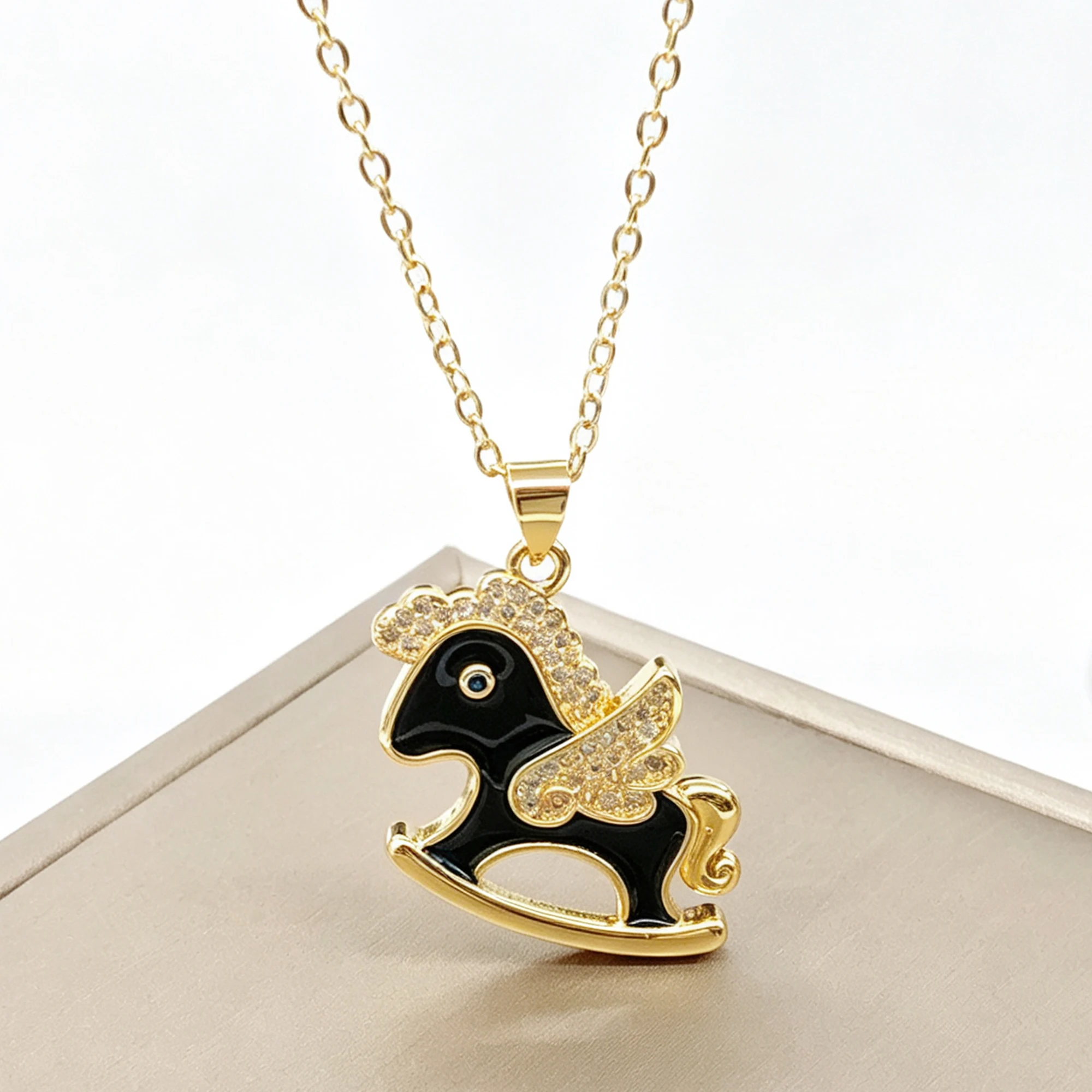 Gold Plated Cute Enamel Rocking Horse Pendant Necklace Zircon Winged Unicorn Necklace For Women Kids Party Birthday Jewelry Gift