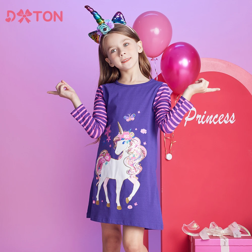 

DXTON Children Winter Girls Dress Stripes Long Sleeve Kids Dress Cartoon Baby Cotton Vestidos Floral Printed Toddler Dress 3-12Y