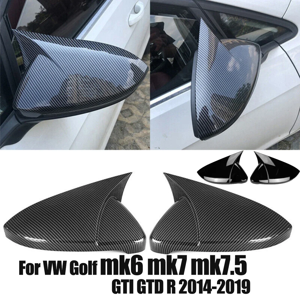 

For VW Golf MK6 MK7 MK7.5 GTI R GTD All 2009-2020 Pair Side RearView Mirror Cover Caps Mirror Case Gloss Black / Carbon Look