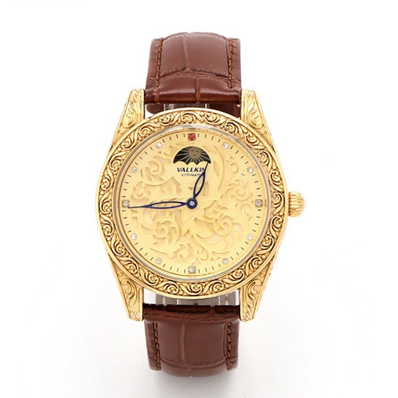 

Мужские роскошные деловые часы, классические, модные, высококачественные, водонепроницаемые, кварцевые наручные часы, трендовый коричневый ремешок, золотистый циферблат с бриллиантами