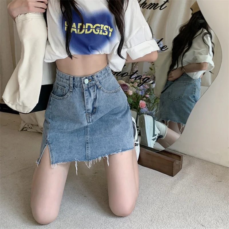 High Waist Denim Skirt Women's A-Line Split ort Skirts Slimming Flared Skirts Korean Sle Commute Pure Color