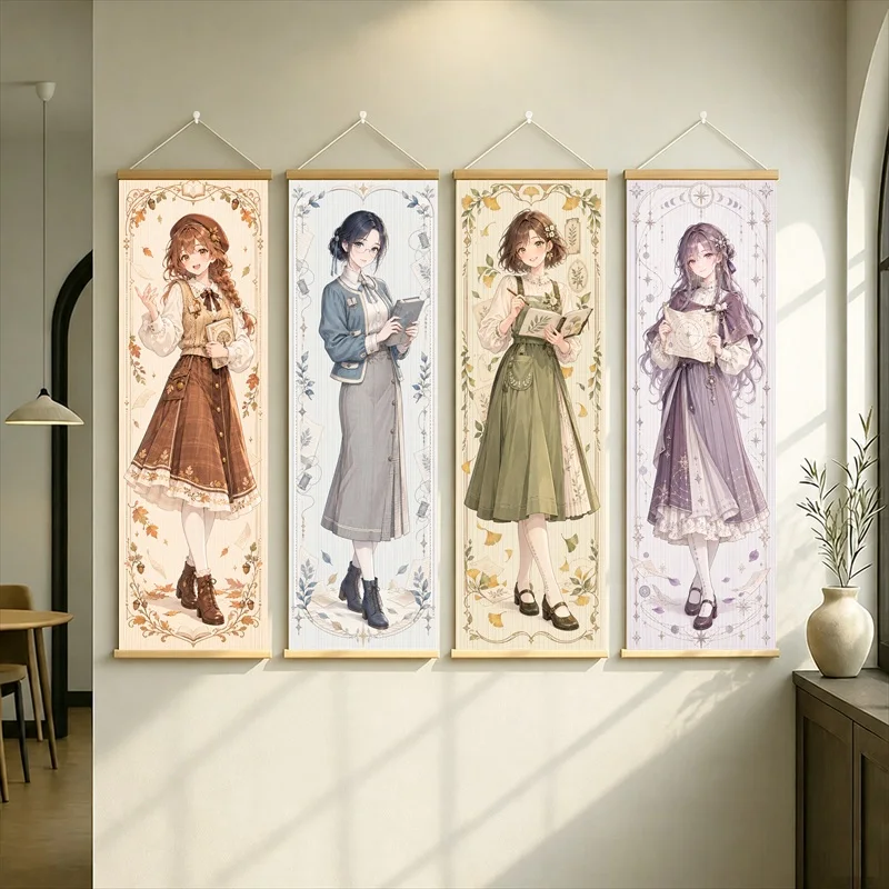Anime Women Hanging Scroll with Brown, Gray, Olive and Purple Dresses in a Vintage Inspired Floral Style for a Bedroom