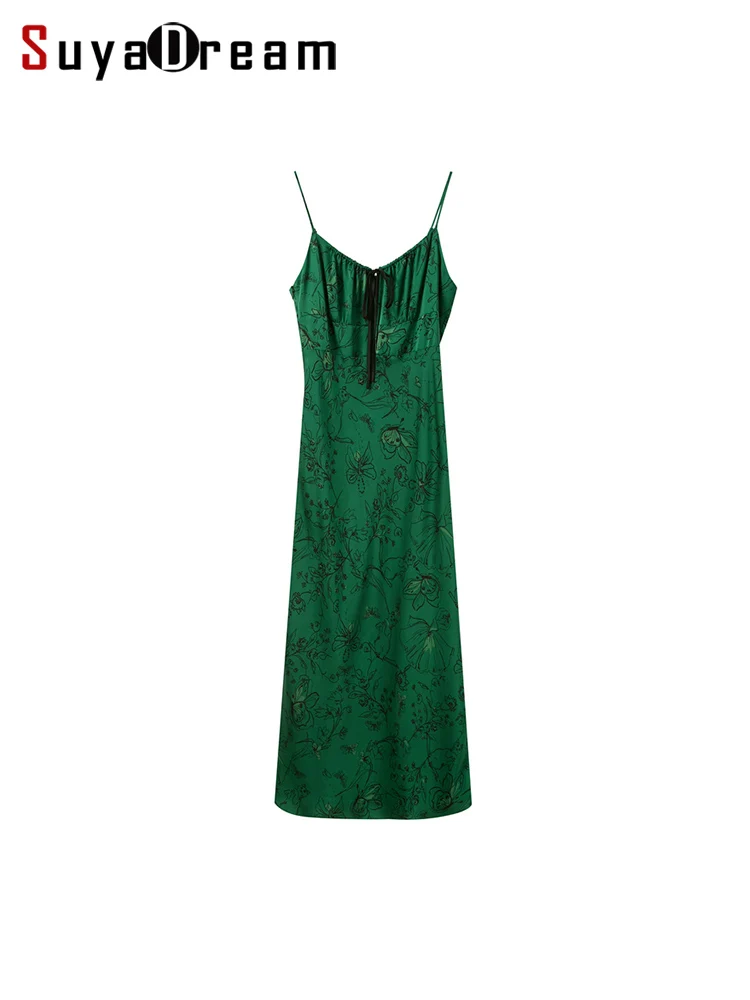 SuyaDream, Długa sukienka damska, 100% prawdziwy jedwab, pasek spaghetti, krój skośny, sukienki z nadrukiem, ubrania wiosna-lato 2025, zielony