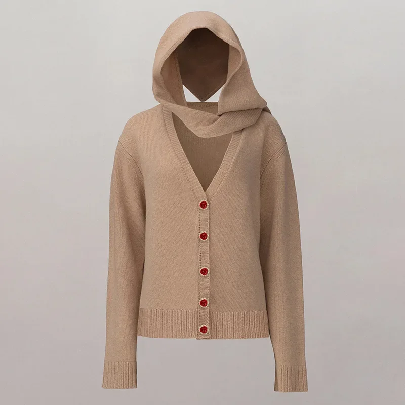 

Осенний новый модный повседневный вязаный свитер с V-образным вырезом, дизайнерский однобортный свитер с вязаным шарфом-шапкой и длинными рукавами для женщин