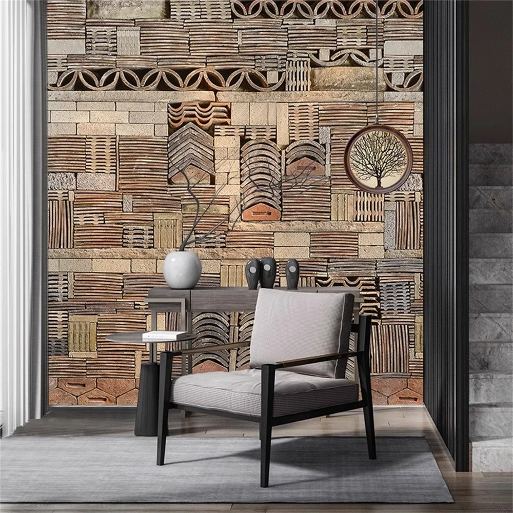 Antique brick and tile wallpaper 3D art tile background wallpaper restaurant restaurant hotpot restaurant classical decoration