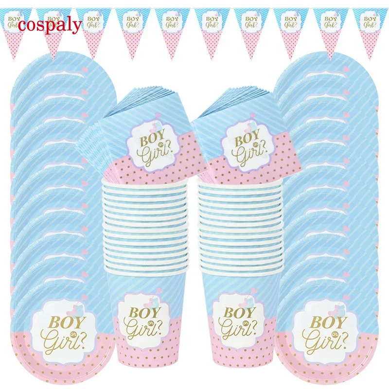 A 49Pcs Boy Or Girl Gender Reveal Disposable Tableware Set Paper Plate Cup Napkin Banner Baby Gender Reveal Party Decor Supplies