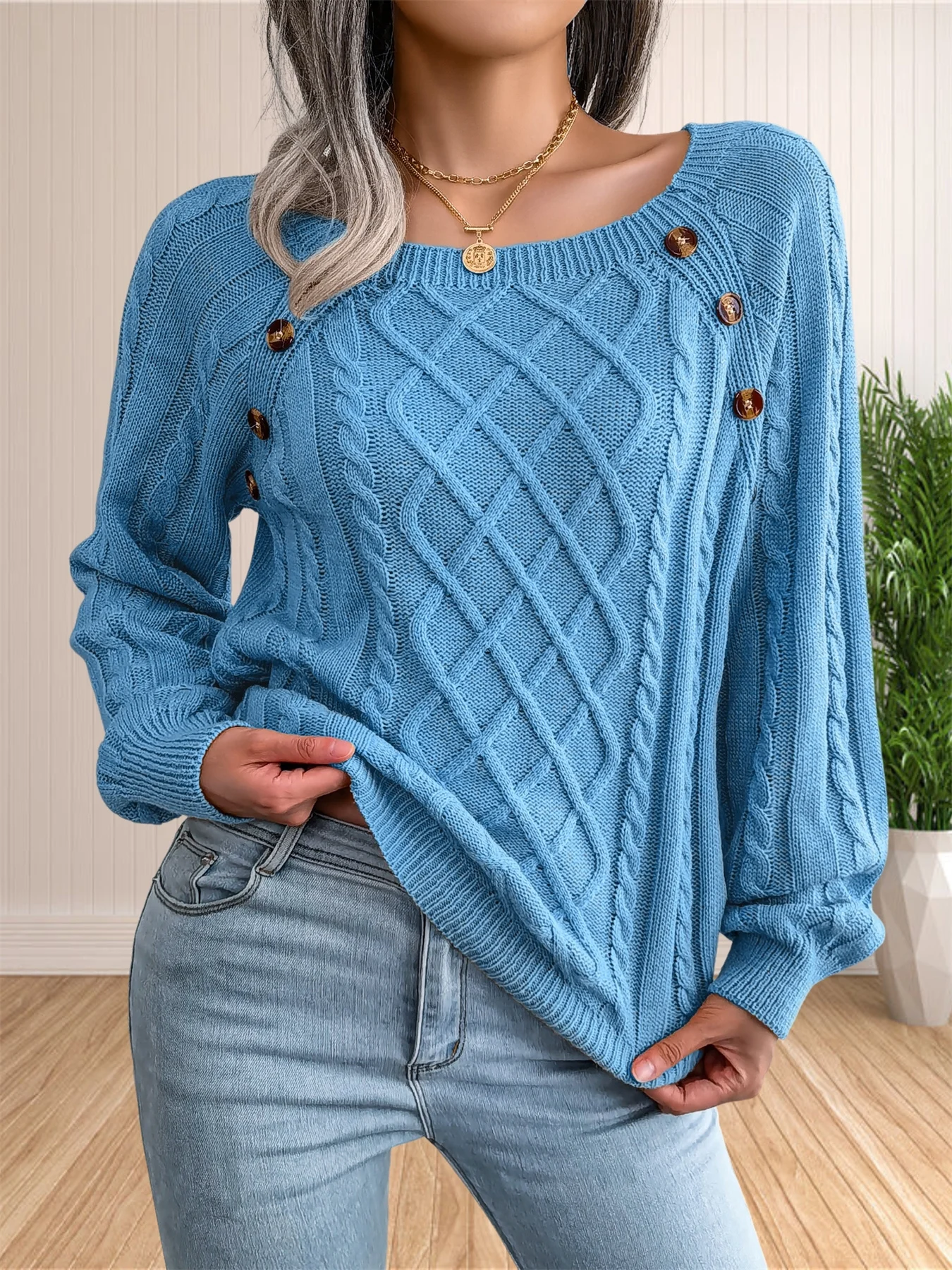 Women\'s Sweaters Casual Cable Knit Sweater Button Decor Long Sleeve Pullover Knitwear Crewneck Jumper Top