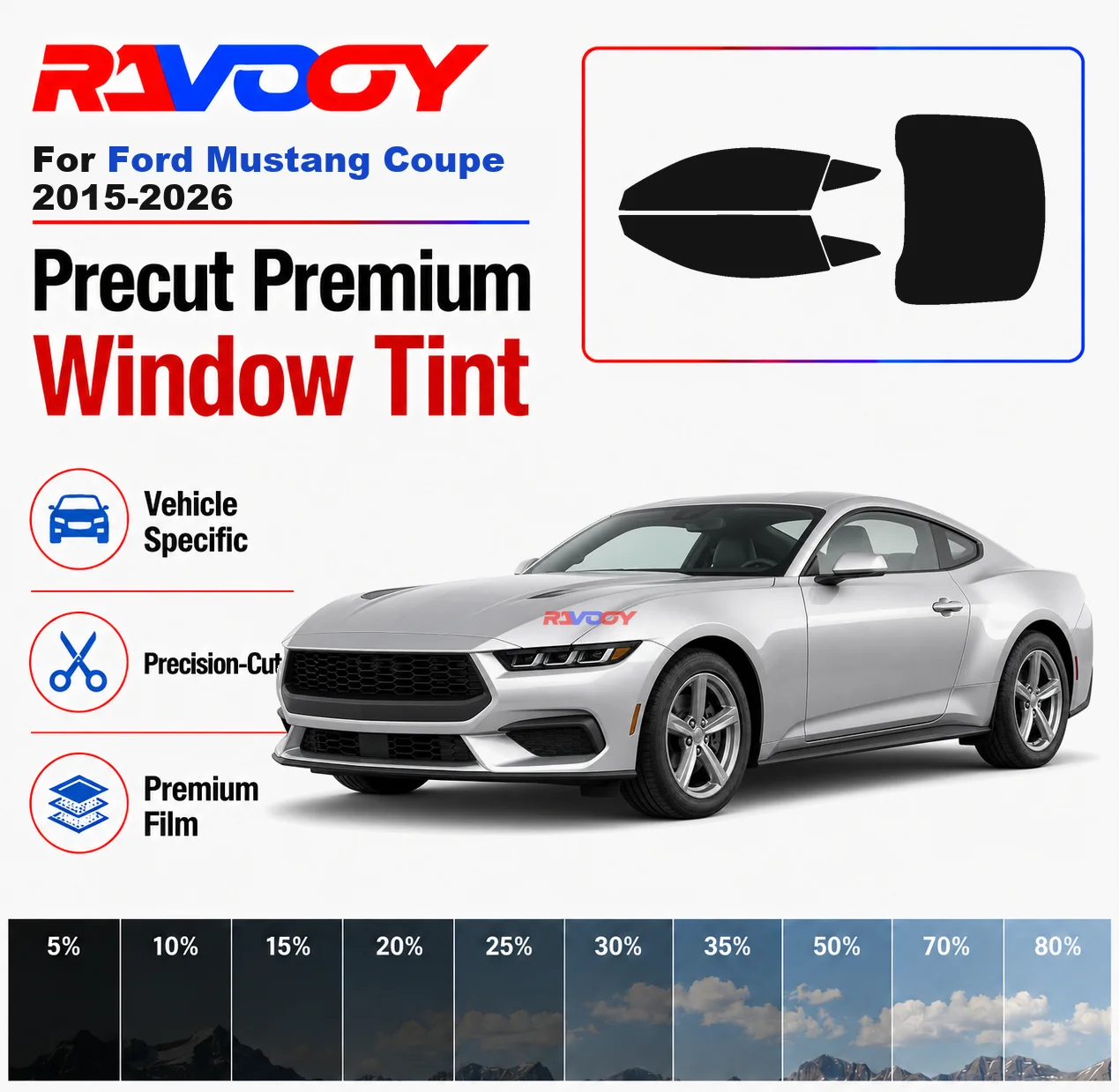 Premium Precut Window Tint Kit Front Rear Windows Rear Windshield For Ford Mustang Coupe 2015-2026 Car Solar Nano Ceramic Film