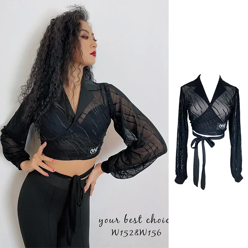 

Female Black Mesh Latin Dance Tops Sexy Crop Tops ChaCha Stage Costume Samba Dancewear Ballroom Dancing Practice Clothes YS3661