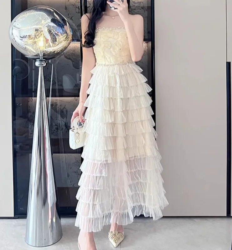 

Apricot Beading Mesh Dress Women Slash Neck Sleeveless Elegant Clothing Lady Streetwear Evening Party Vestidos Bodycon