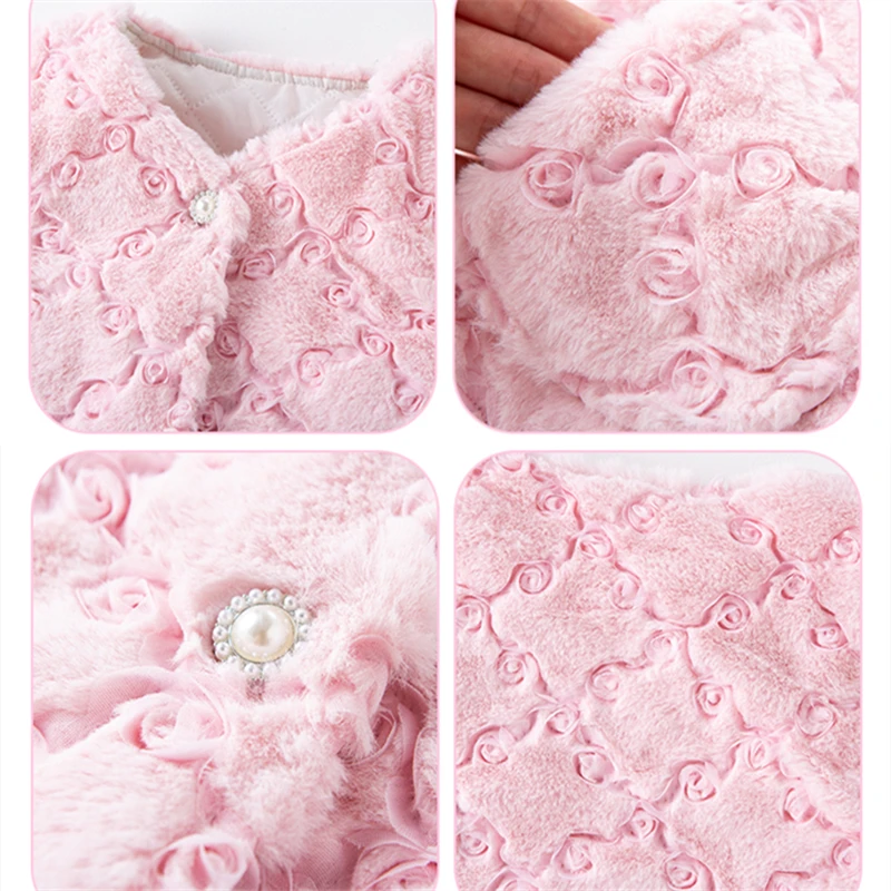 طفل أطفال 3D زهرة النسيج أرنب الفراء سترة للفتيات الصغيرات لطيف أكمام الوردي سترة الخريف الشتاء الأطفال صدرية أنيقة #4