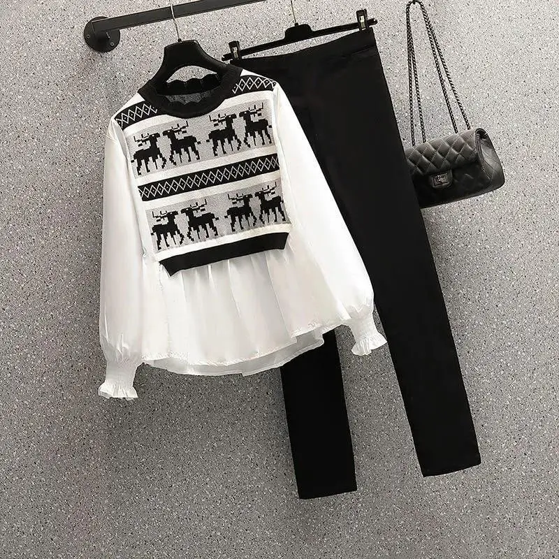 2022 Summer New Fashion Splicing Shirt Suit Temperament Women\'s Long Sleeved Chiffon Shirt Black Trousers Two Piece Set