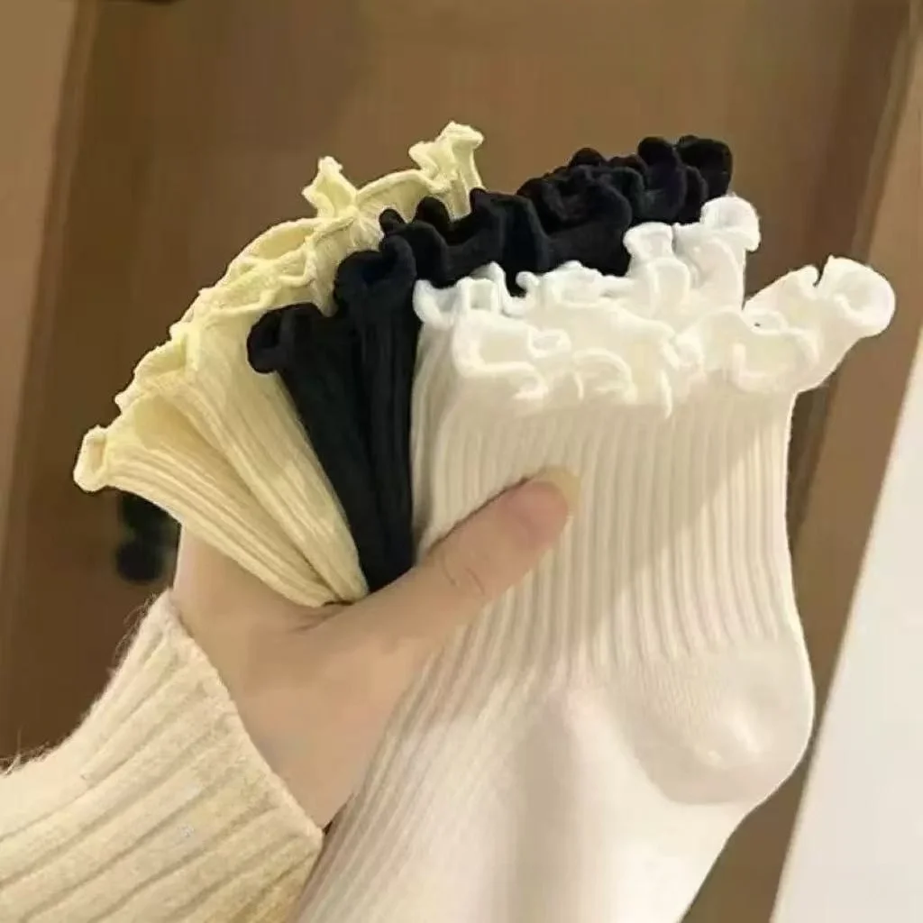 5 Pairs Women's White and Black Knit Coquette Socks Adult ruffle School Socks for Girls Casual Cozy Frilly Socks Hosiery 2026