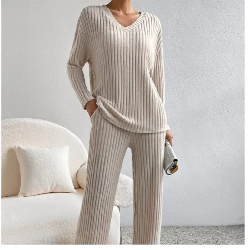 2025 Women Autumn and Winter Suit Fashion Casual Pit Strip Wool V-Neck Top and Straight Pants Solid Color Sweater Two-Piece Set