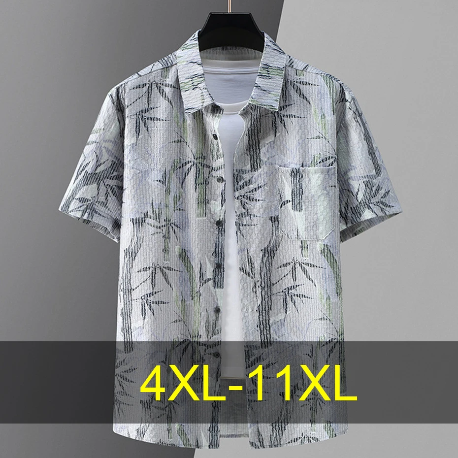 

11XL Plus Size Shirts Men Summer Short Sleeve Shirt Fashion Casual Streetwear Bamboo Print Shirt Male Summer Tops Big Size 11XL