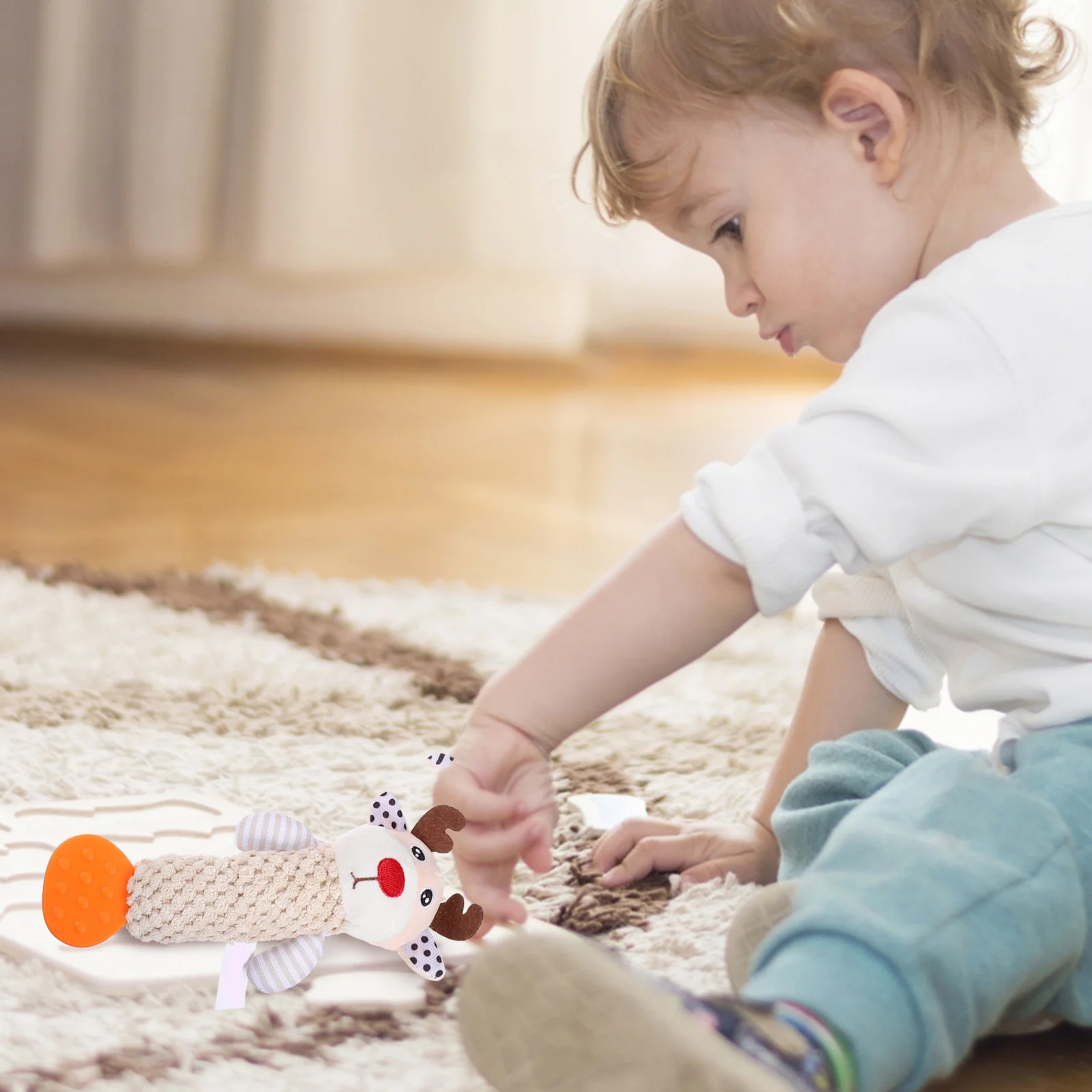 Chocalho de mão com design animal, 4 unidades, desenho animado, bebê, apaziguar para desenvolvimento intelectual, agarrar habilidades de coordenação auditiva