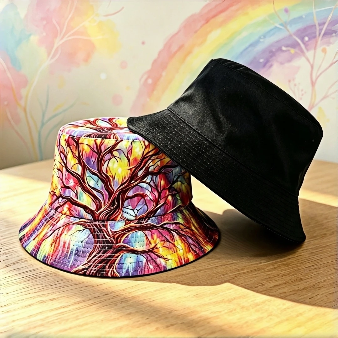 1. A colorful tree-patterned artist's fishing hat, made of breathable and soft fabric, with an eye-catching artistic texture. Su