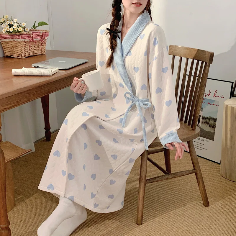 

Maternity Nursing Sleepwear Autumn Winter Long Nightgown Air Cotton Thickened Postpartum Breastfeeding Kimono Gown Pajamas Dress
