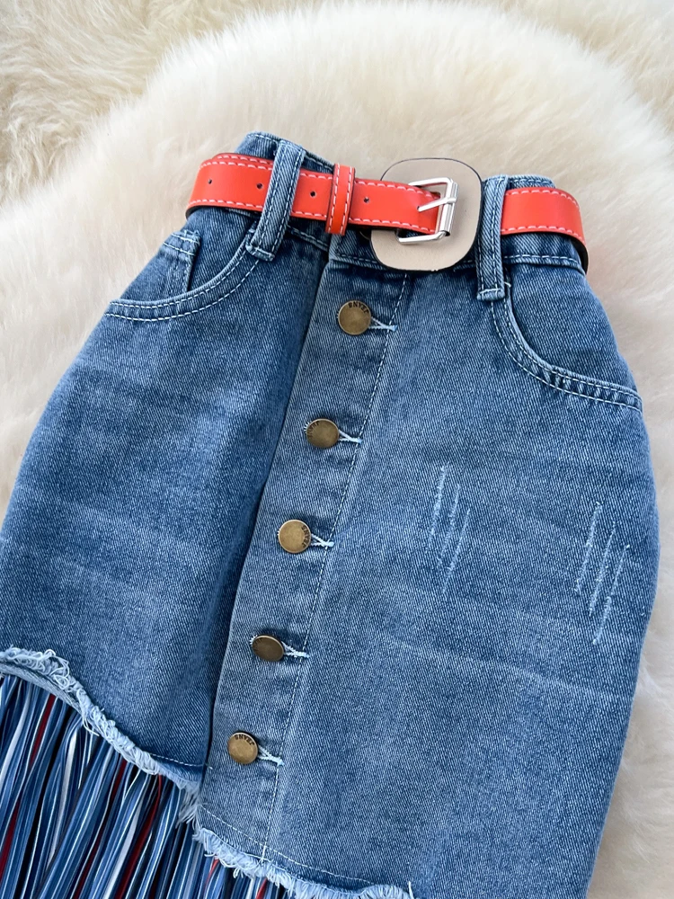 Korean Style High Waist A-Line  Skirt Women's Commuter Friendly Color Block Denim Skirt Slimming Design Half-Length