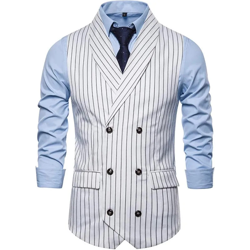 Mens Pinstripe Vest Slim Fit Colete Vestido Formal Double-Breasted Negócios Slim Fit Colete Para Casamento Groomsemen Vest