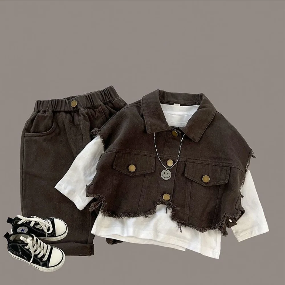 Children Set Autumn New Boys Spring Fashion Vest Coat Causal Trousers Three Piece Tide Turn Down Collar 2024 Button