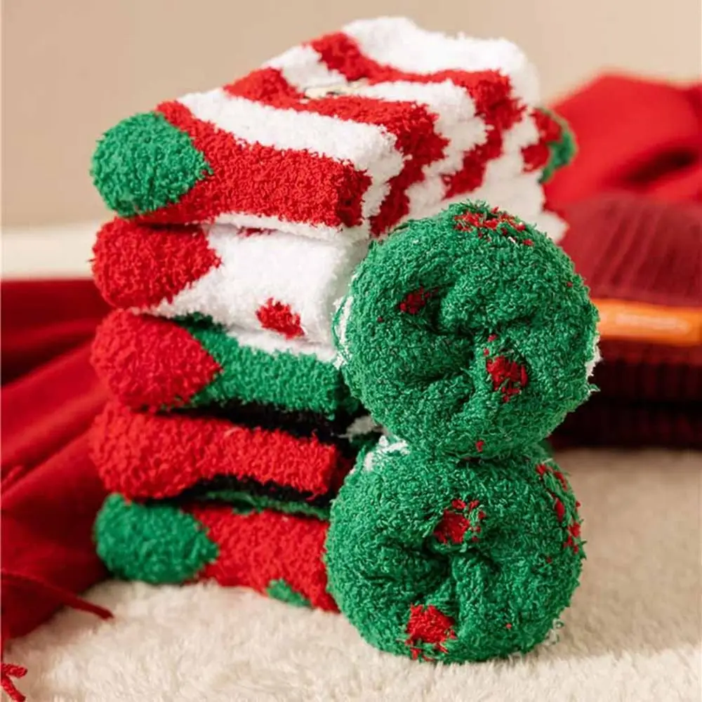 

Socks Winter Cartoon Christmas Hat Santa Claus Red Green Women Hosiery Coral Velvet Socks Christmas Socks Middle Tube Socks