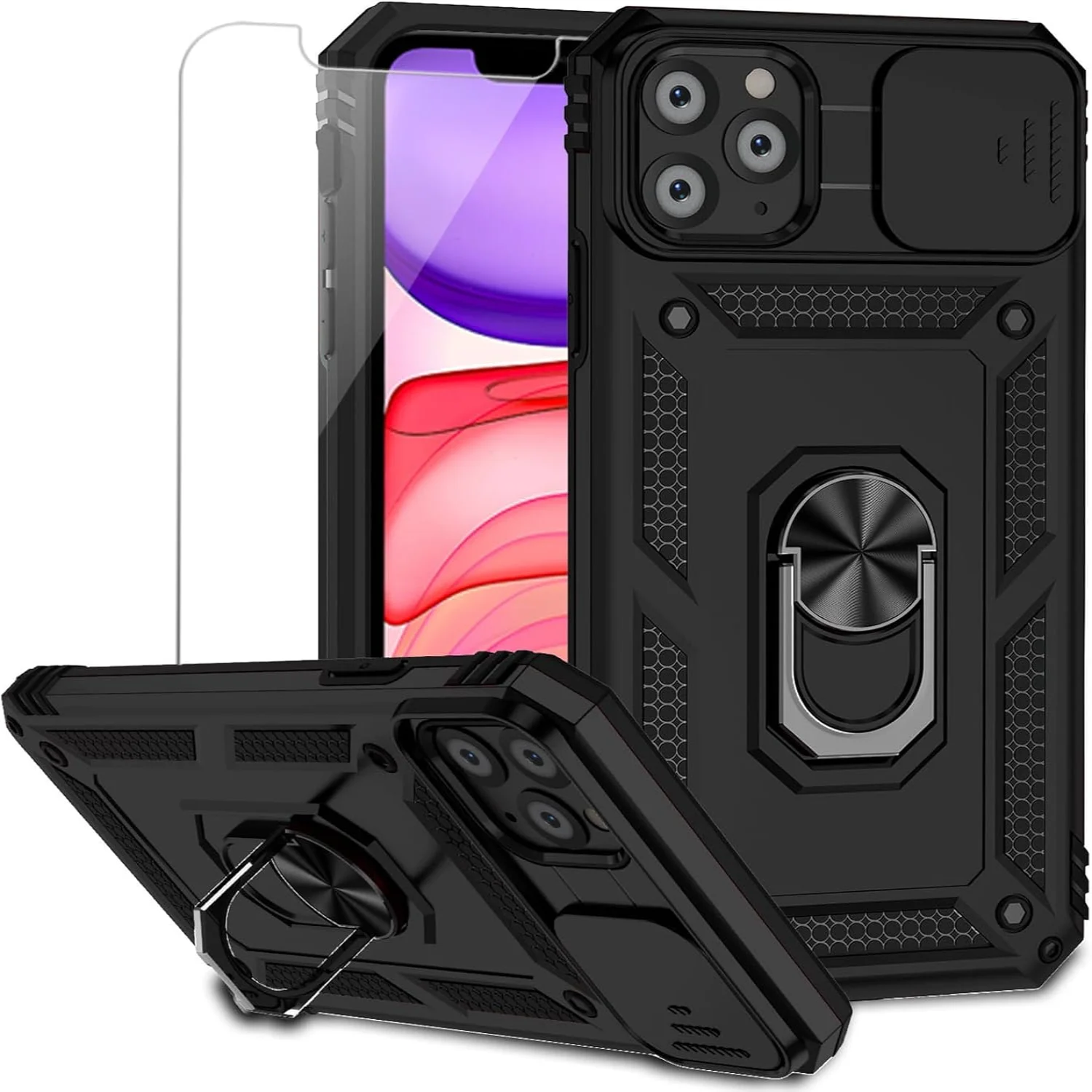 for  11  Case with Camera Lens Cover HD Screen Protector, Dual Layer Military Grade Drop Protection  Ring Holder Kickstand Prote