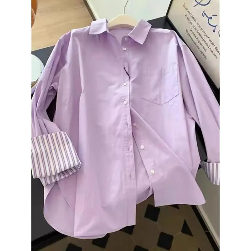 

Spring Autumn Striped Patchwork irt Men's Women's Trendy Large Size Slimming Simple Layering irt Casual Long Sve Butto...