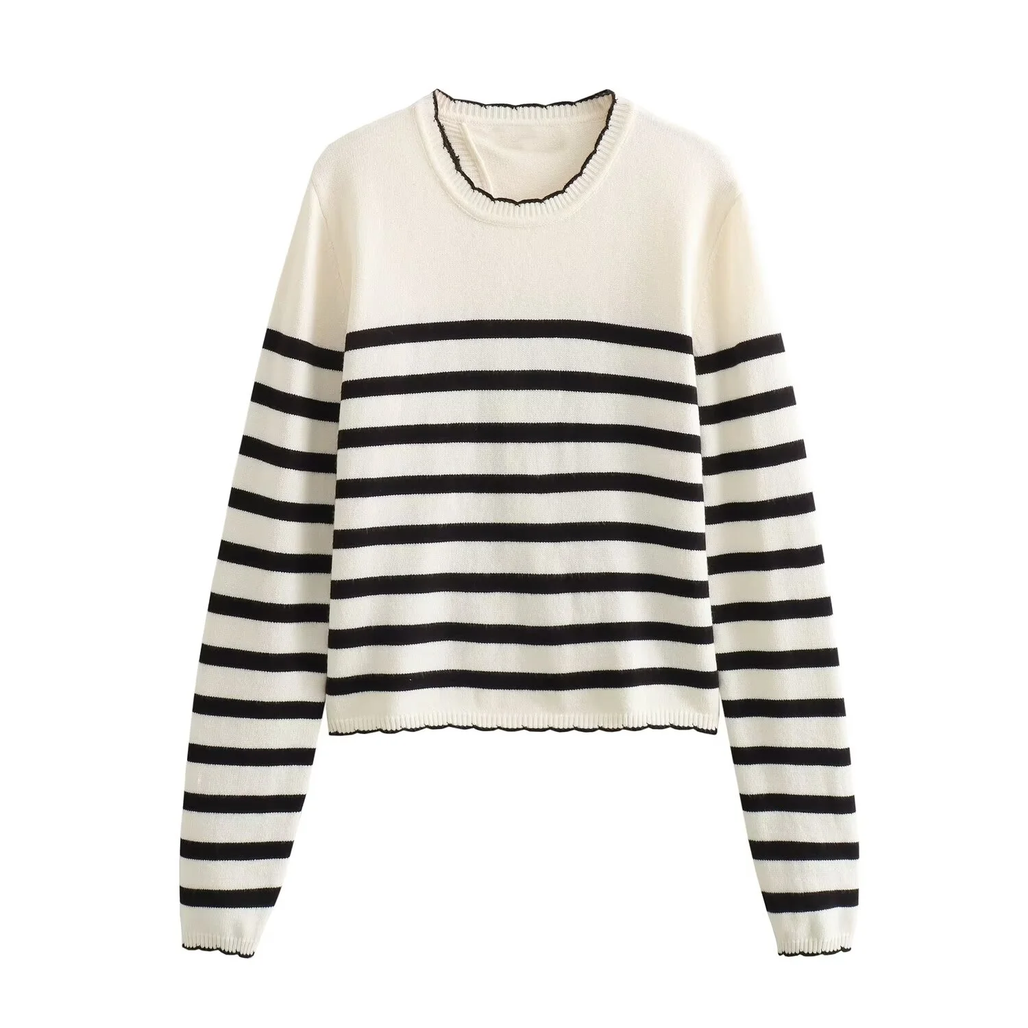 

Autumn And Winter New Round Neck Contrasting Black And White Striped Back Slit Sweet And Loose Long Sleeved Knitted Sweater