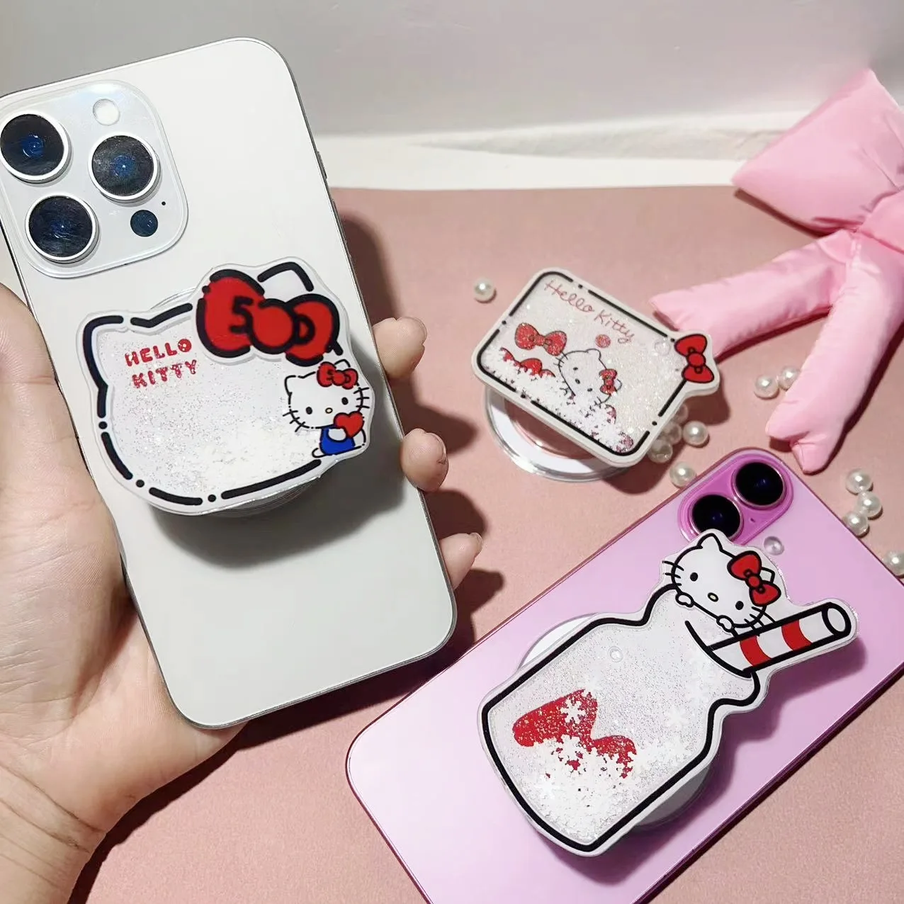 Sanrio Christmas Quicksand Snowflake Cell Phone Magnetic Holder Hello Kitty Acrylic Retractable Desktop Airbag Holder