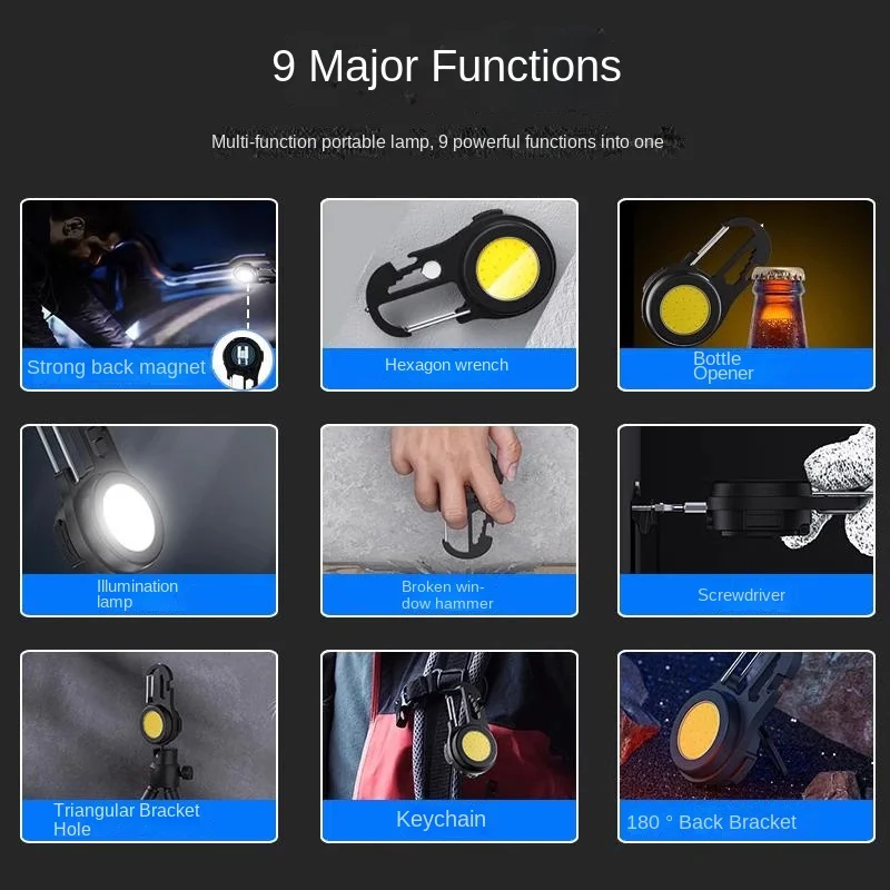 USB mini keychain light, high-brightness COB work light, emergency outdoor multi-functional portable camp light