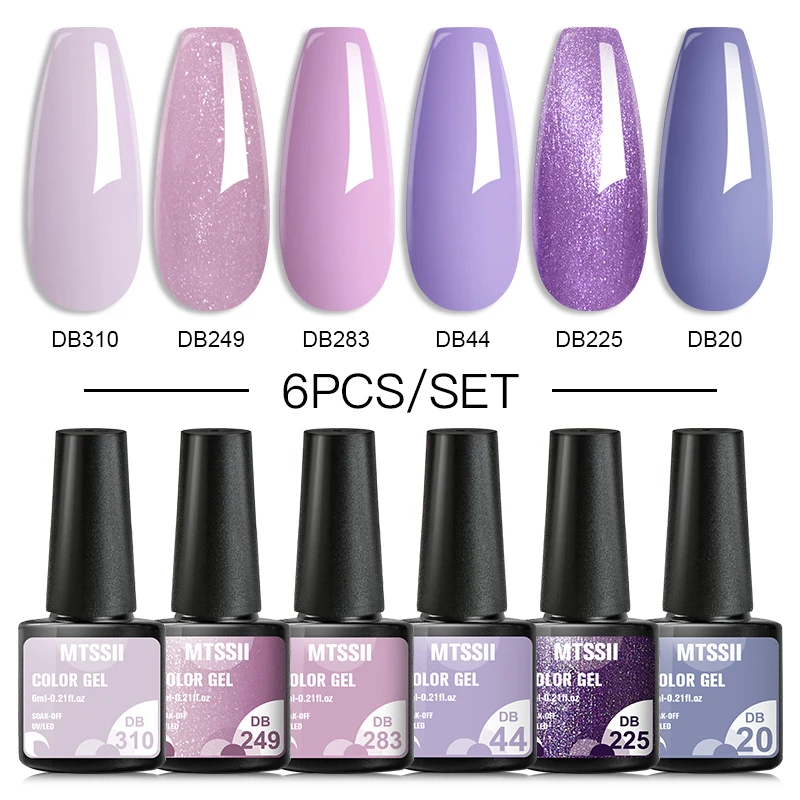 6Pcs/Set Glitter Purple Series Gel Nail Polish Spring Pink Blue Green Simple Nail Art Gel Varnish Soak Off UV Gel Manicure Kit