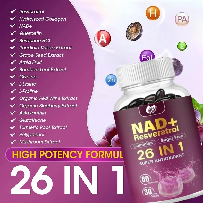 NAD Resveratrol, Containing Hydrolyzed Collagen, Grape Seeds, and D-biotin, with Antioxidant Properties and Energy, 60 Capsules