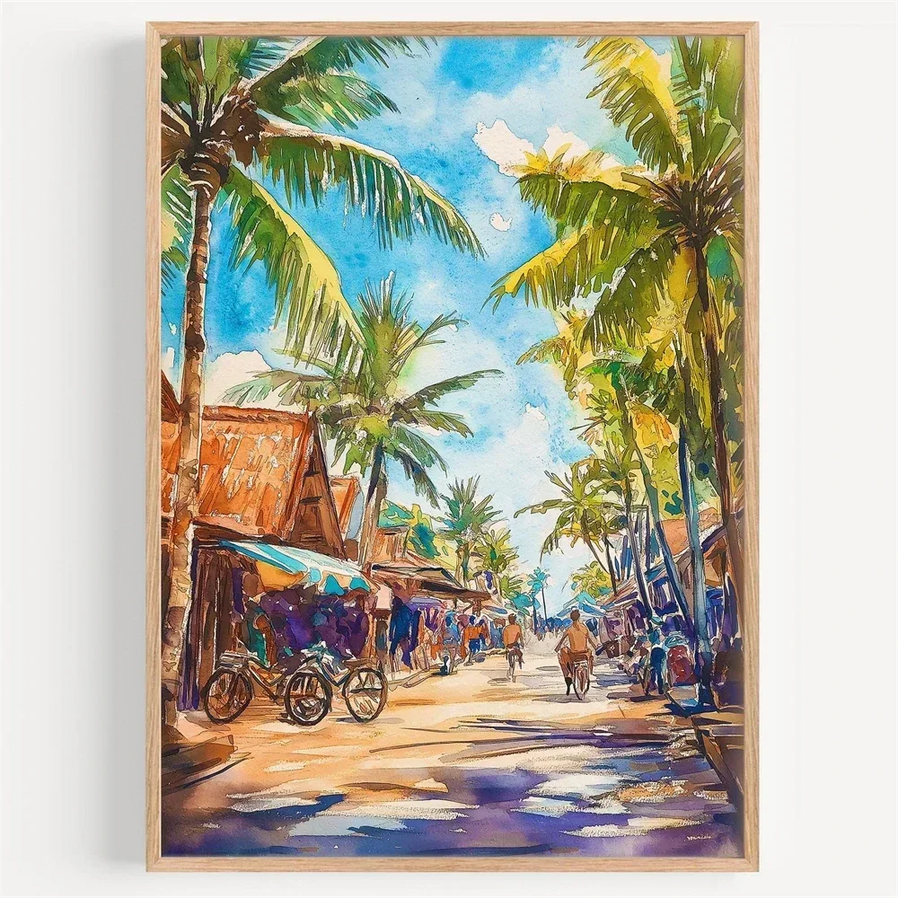 Lombok Watercolor Canvas Painting City Landscape Wall Art Print Travel Poster Indonesia Travel Print Illustration Home Decor