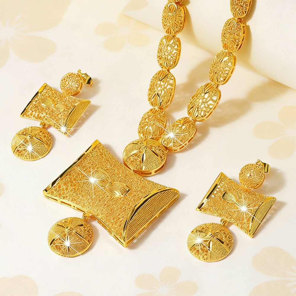 

African Jewelry Drop Earring Set Gold Color Necklace Jewelry Dubai Designs Women Luxury Jewelry Wedding Daily Set Lady Earrings
