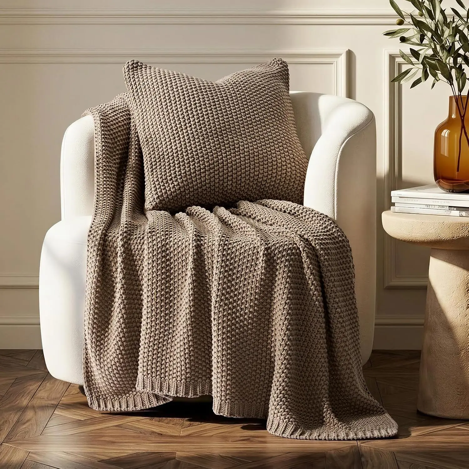 EverGrace Organic Cotton Chunky Knit Throw Blanket, 50 x 60 Stone Taupe