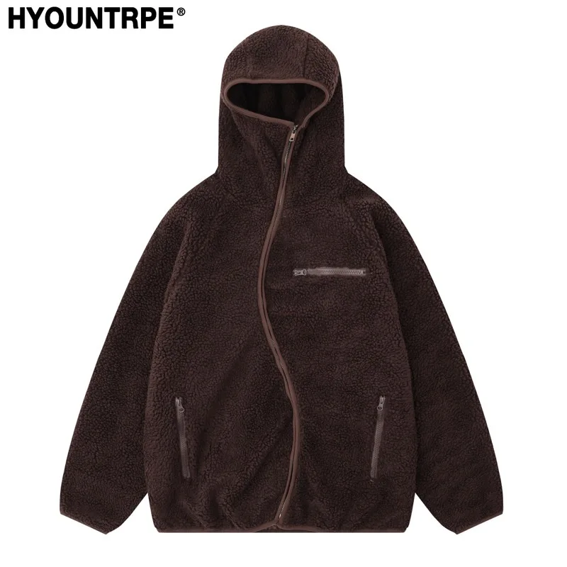 High Street Fleece Hooded Jackets and Coats New Casual Warm Hoodies Hairy Curved Zipper Outerwear Streetwear Winter Jackets Men