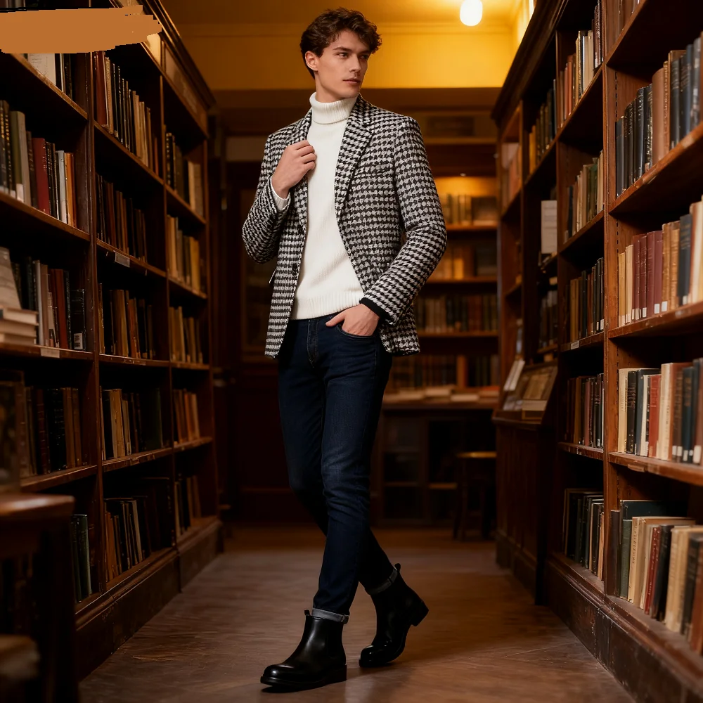 

Men's Checkered Blazer with Two Buttons One-Piece Business Suit Jacket Notch Lapel Houndstooth Fashion Outerwear