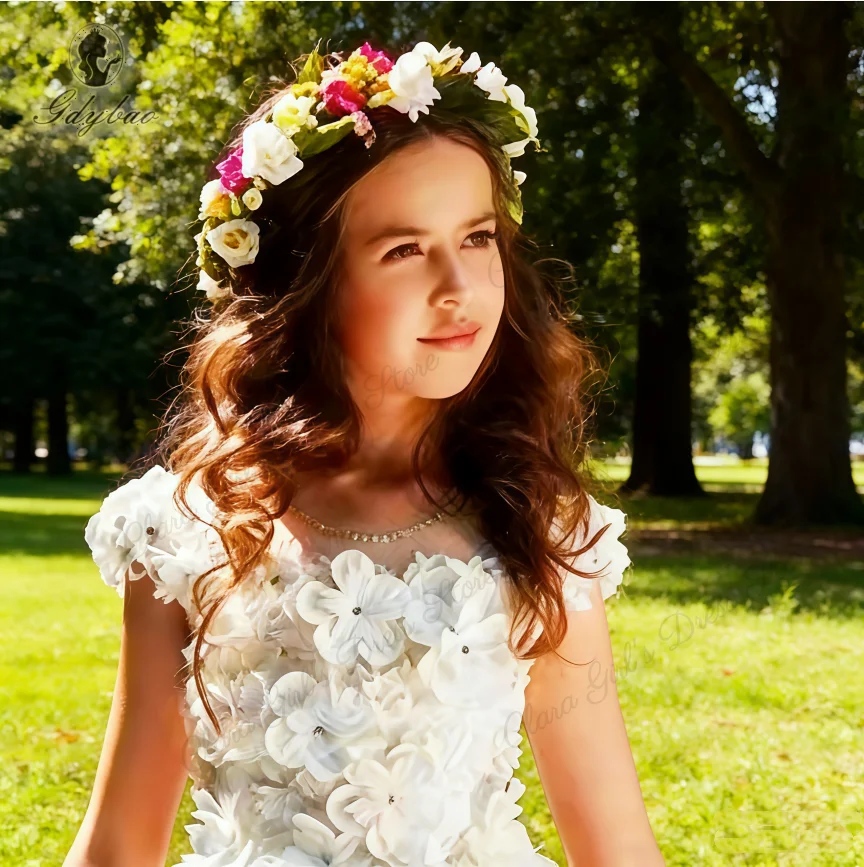 Robe de demoiselle d'honneur blanche élégante avec appliques papillon 3D, parfaite pour les fêtes d'anniversaire des enfants, les concours et la première communion