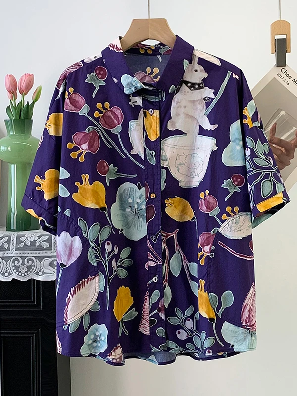 

Корейская и японская женская рубашка премиум-класса с коротким рукавом, летняя, больших размеров, в художественном стиле, с ретро-принтом, модная, повседневная, дышащая