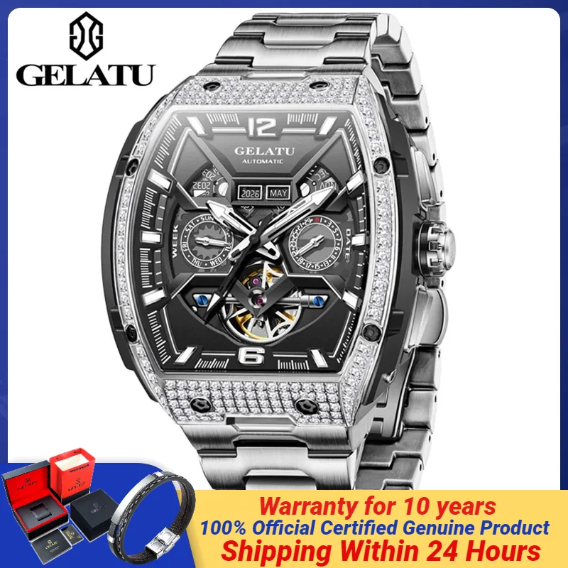 GELATU 6016 Big Dial Mechanical Watch Men Official Genuine Diamond Watch Multi functional Dial Deep Waterproof Stainless steel