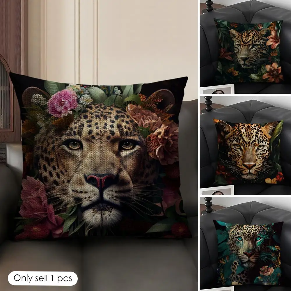 Uropean Fashion Leopard Cushion Cover Natural Linen Organic Fabric Double-Sided Printing Sofa Home Decor Gift Pillow Case