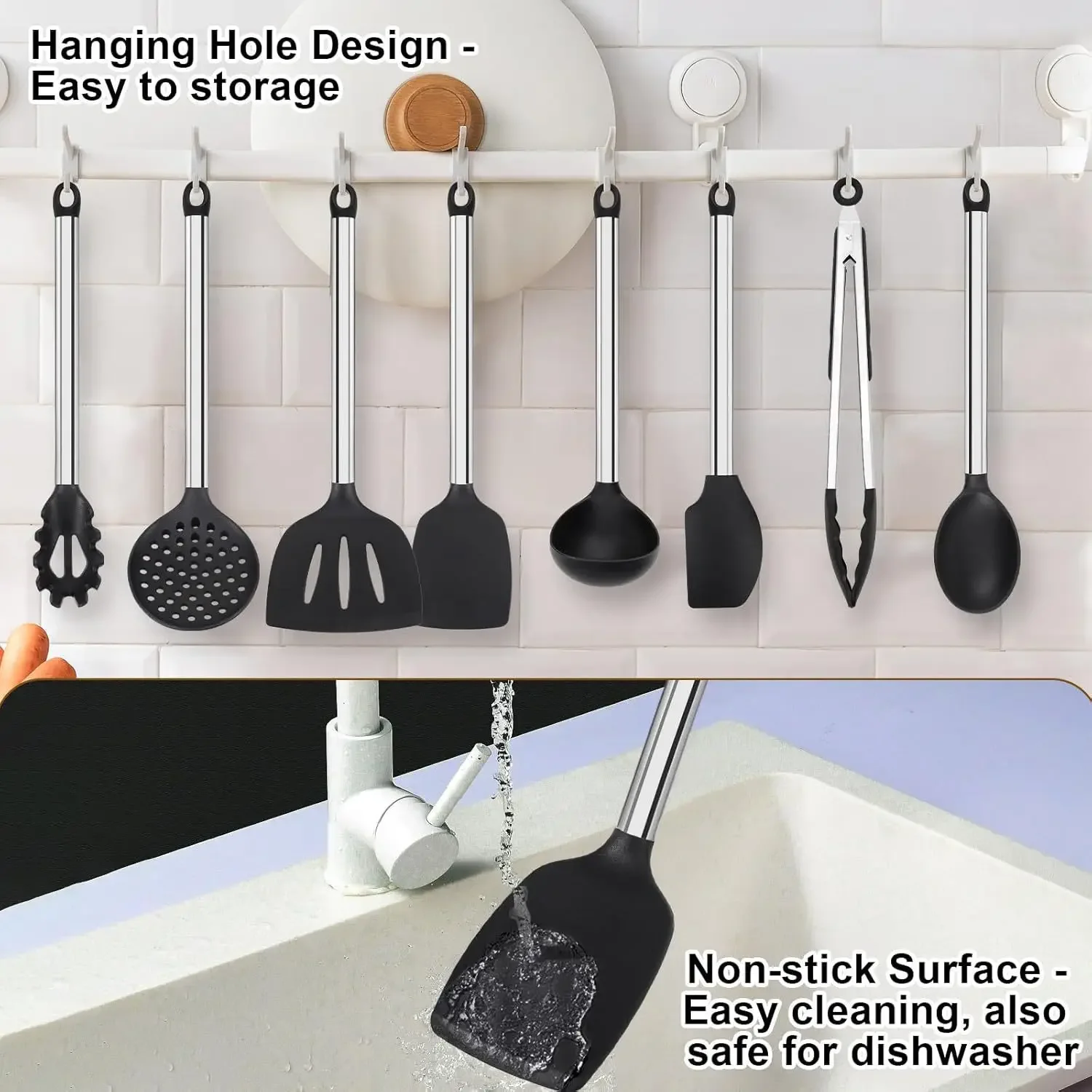 【8 Piece Silicone Cookware Set】Heatproof Kitchen Tools - Non-Scratch Spatulas, Spoons, Tongs for Non-Stick Pans, Baking, Cooking