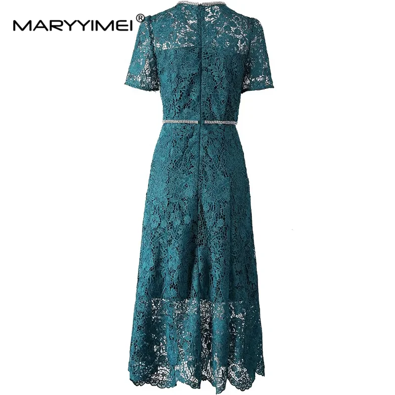 MARYYIMEI Fashion Design Women\'s Dress Summer Short-Sleeved High Waiste Diamond Chic Lace Hollow Out Vintage Solid Color Dresses