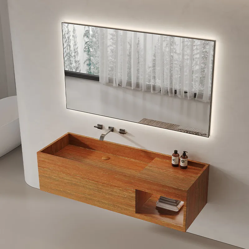 Travertine rock slab integrated seamless basin villa courtyard high-end bathroom washbasin bathroom cabinet