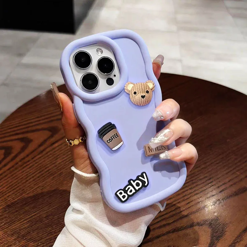 3D Cartoon Coffee Bear Wavy Phone Case For OPPO F23 F25 Pro F21 F21Pro F21S 4G F11 F9 F19 F19S K10 F19 Pro Plus 5G Soft Cover